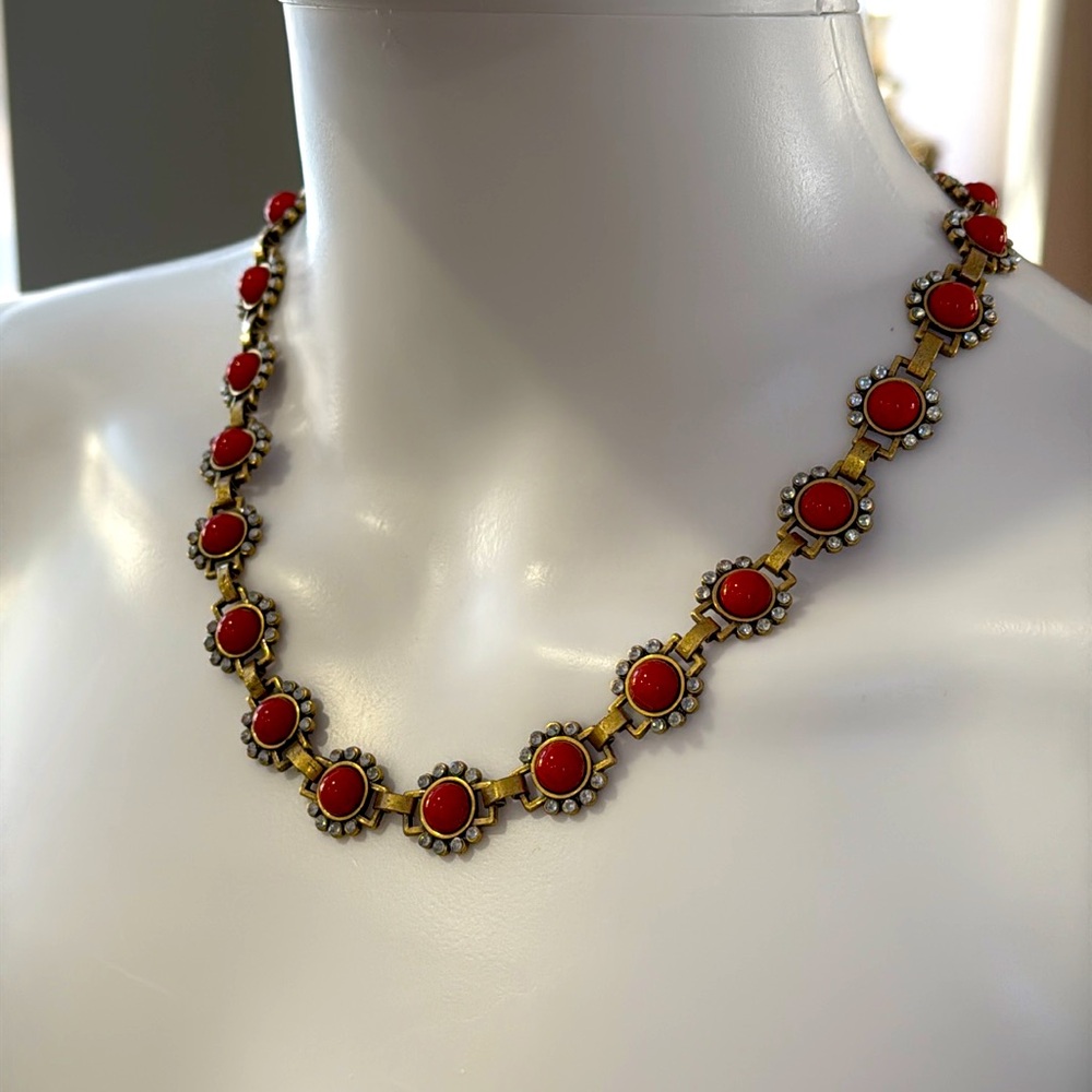 J Crew Crystal Orange Bubble Stone Burst Statement Necklace Antique Gold 18” - Picture 6 of 9